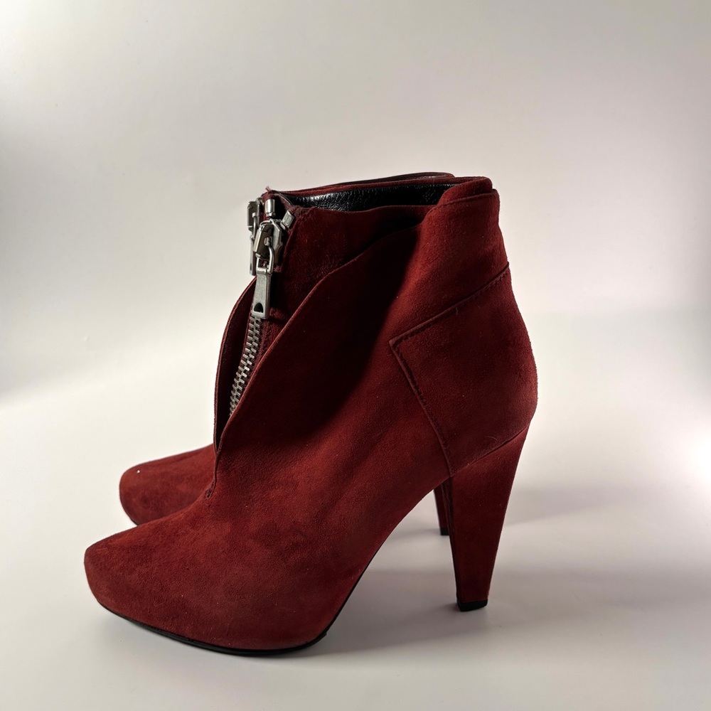 Proenza Schouler Red Suede Ankle Boots –Designer Heels with Silver Zipper Detail